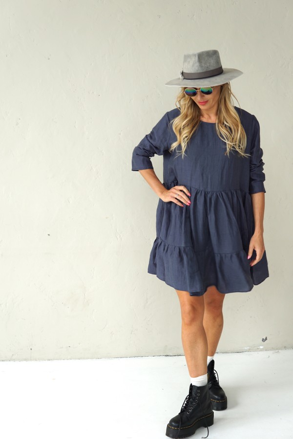 GREY LINEN DRESS WITH LONG SLEEVE