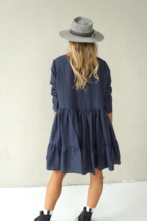 GREY LINEN DRESS WITH LONG SLEEVE