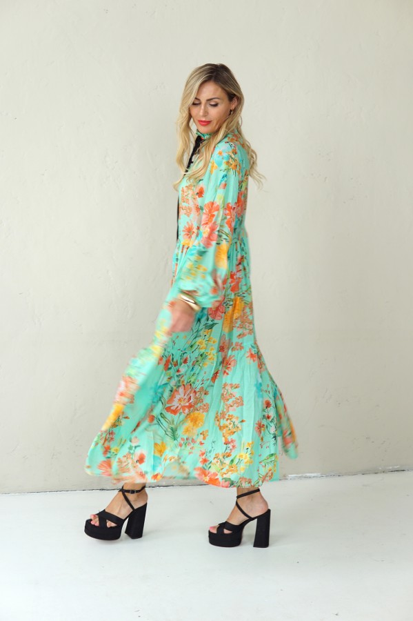 LONG BLUE FLOWING FLORAL DRESS WITH BLACK RIBBON