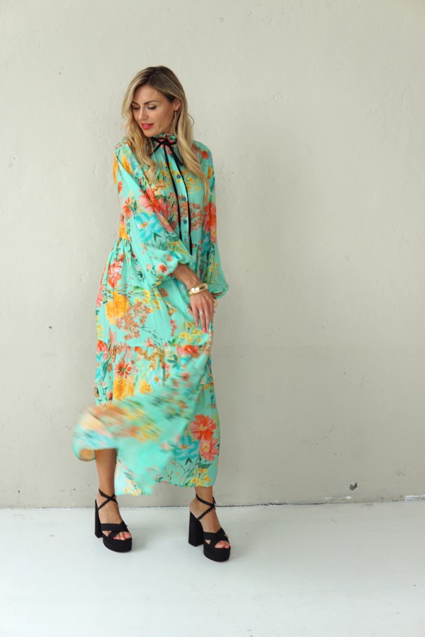 LONG BLUE FLOWING FLORAL DRESS WITH BLACK RIBBON