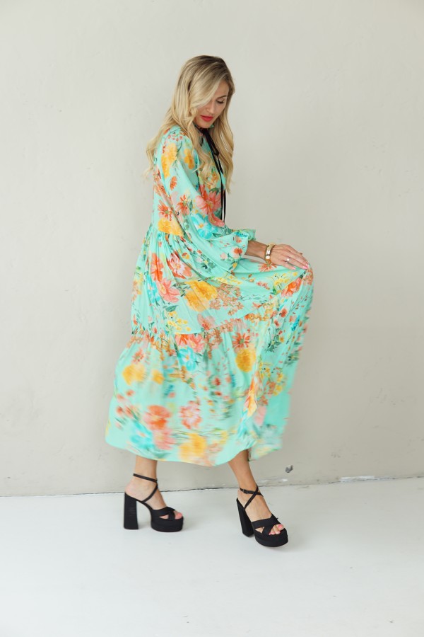 LONG BLUE FLOWING FLORAL DRESS WITH BLACK RIBBON