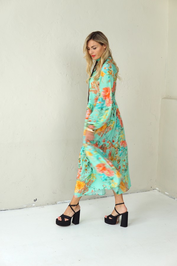 LONG BLUE FLOWING FLORAL DRESS WITH BLACK RIBBON