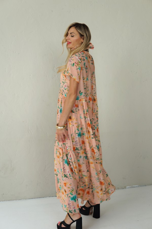 LONG FLOWING FLORAL DRESS WITH BLACK RIBBON