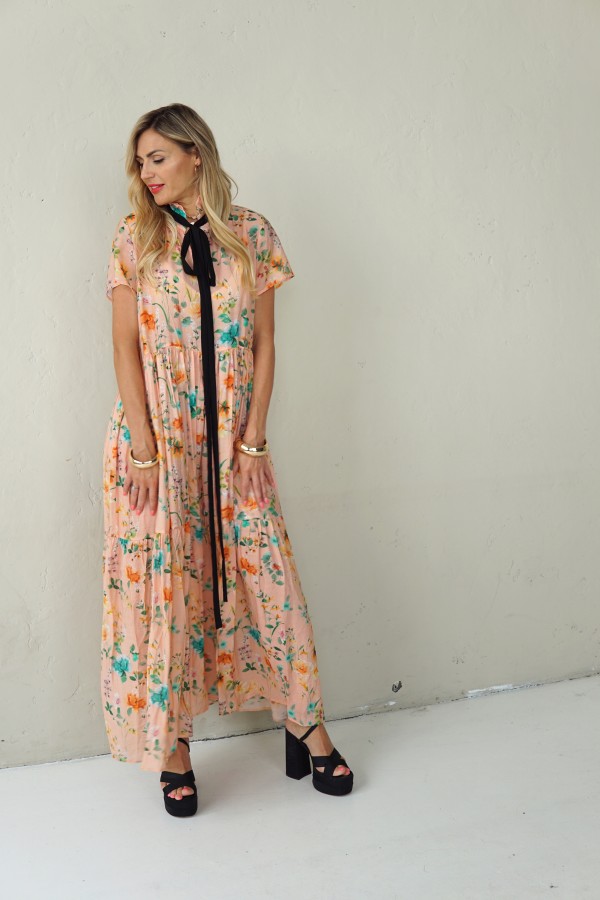 LONG FLOWING FLORAL DRESS WITH BLACK RIBBON