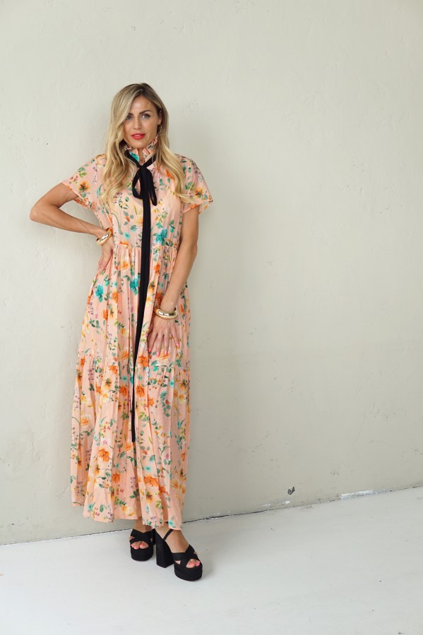 LONG FLOWING FLORAL DRESS WITH BLACK RIBBON