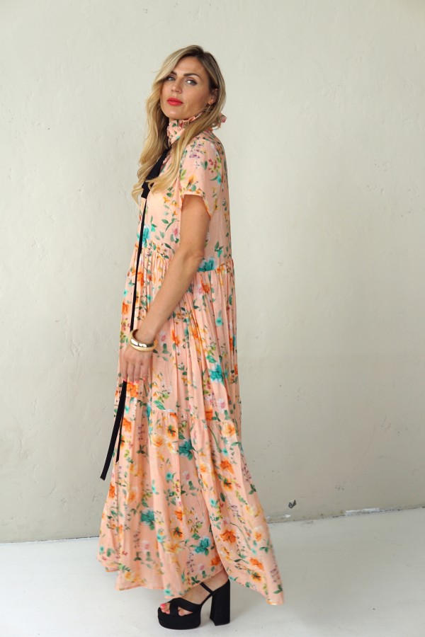 LONG FLOWING FLORAL DRESS WITH BLACK RIBBON