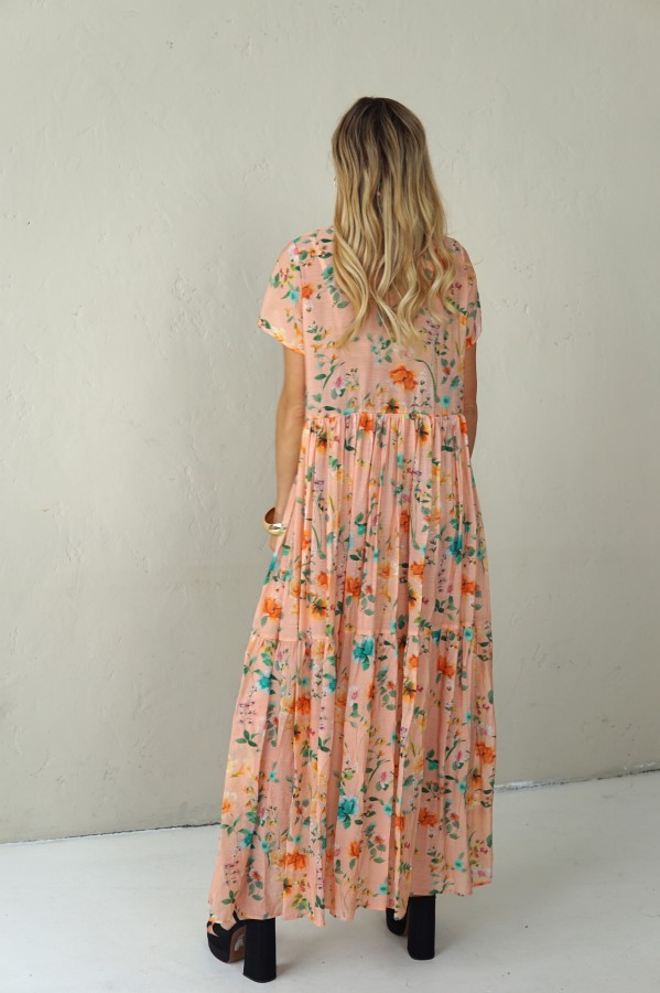 LONG FLOWING FLORAL DRESS WITH BLACK RIBBON