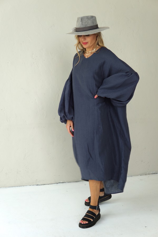 LOOSE SILHOUETTE GREY LINEN DRESS