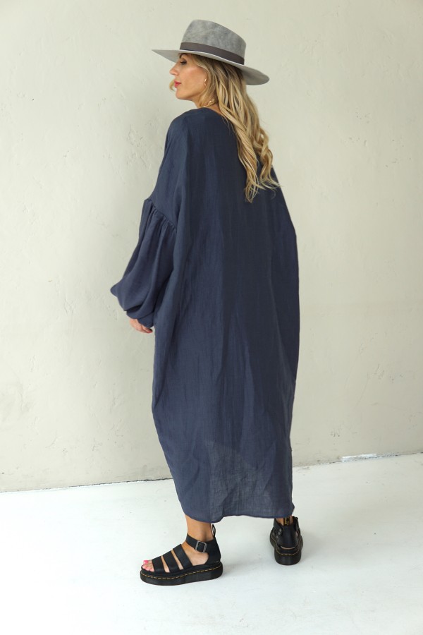 LOOSE SILHOUETTE GREY LINEN DRESS