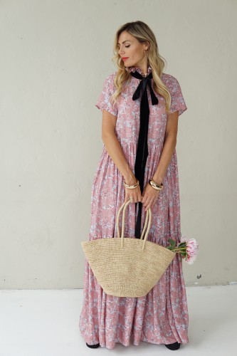 Long viscose floral dress with velvet belt