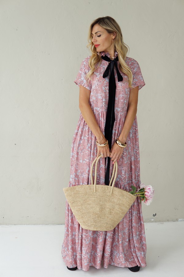 Long viscose floral dress with velvet belt