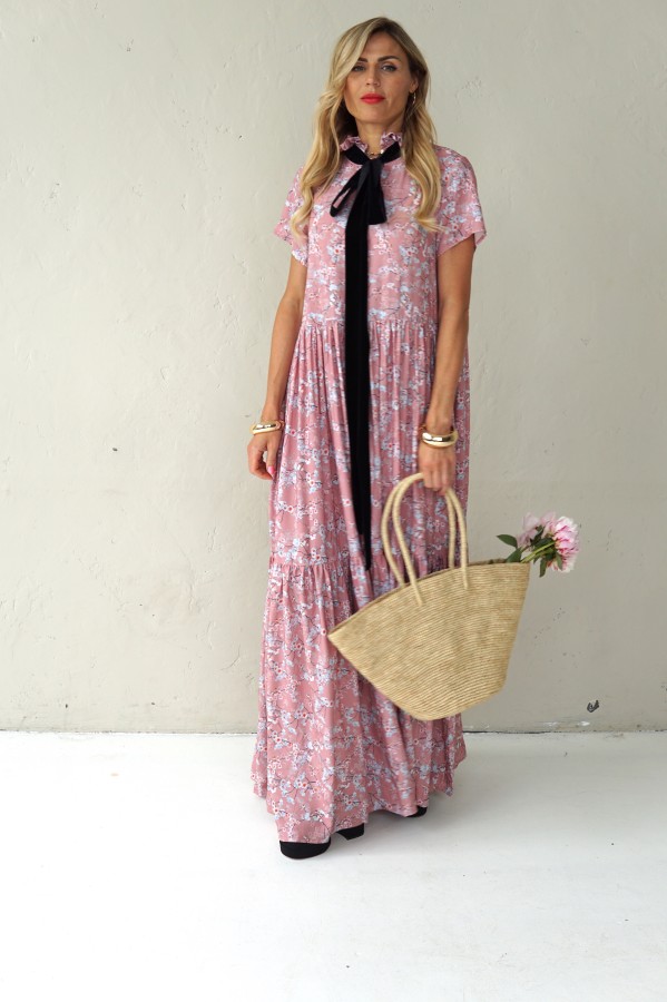 Long viscose floral dress with velvet belt