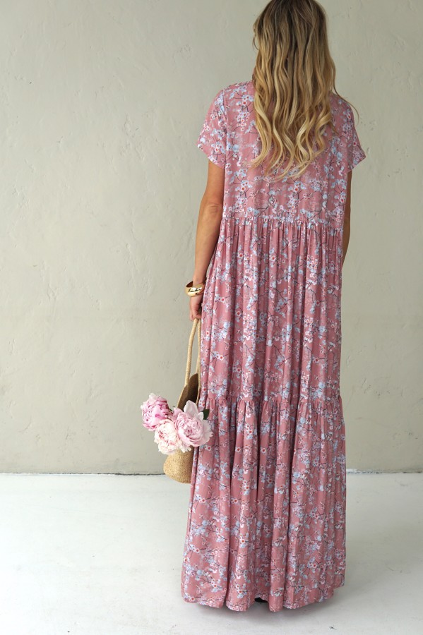Long viscose floral dress with velvet belt