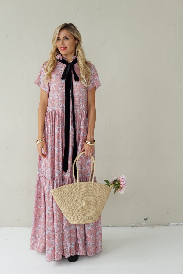 Long viscose floral dress with velvet belt