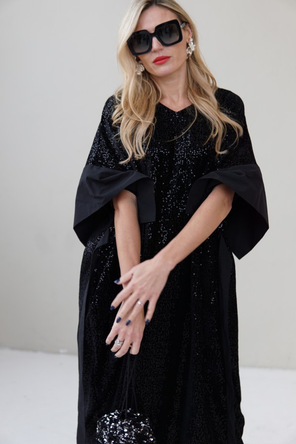 VELVET EVENING DRESS WITH TAFFETA DECOR 