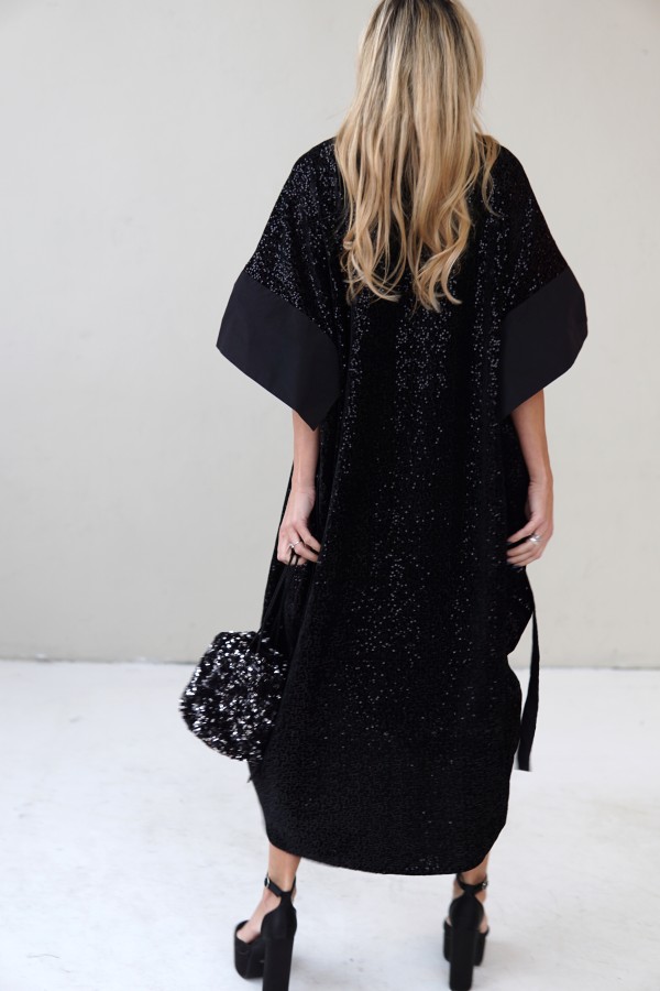 VELVET EVENING DRESS WITH TAFFETA DECOR 