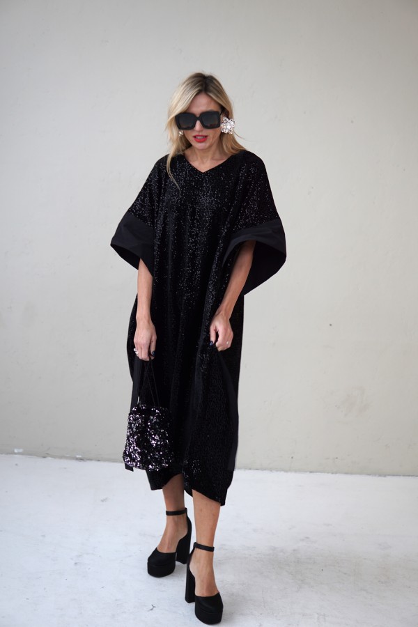 VELVET EVENING DRESS WITH TAFFETA DECOR 