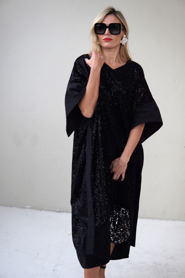 VELVET EVENING DRESS WITH TAFFETA DECOR 