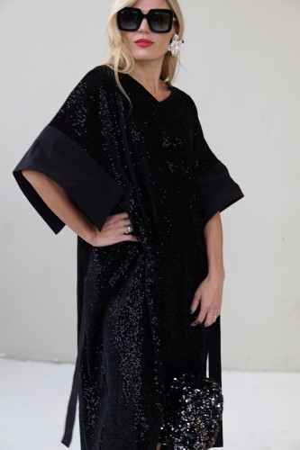 VELVET EVENING DRESS WITH TAFFETA DECOR 