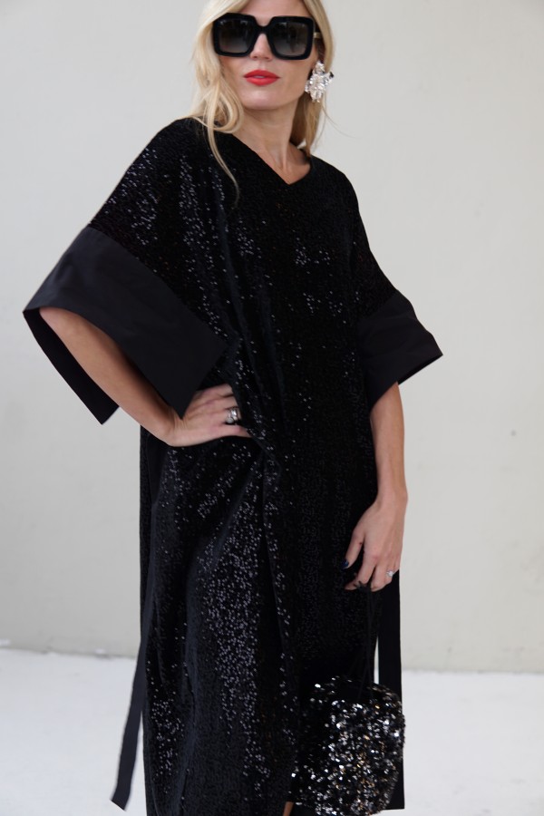 VELVET EVENING DRESS WITH TAFFETA DECOR 