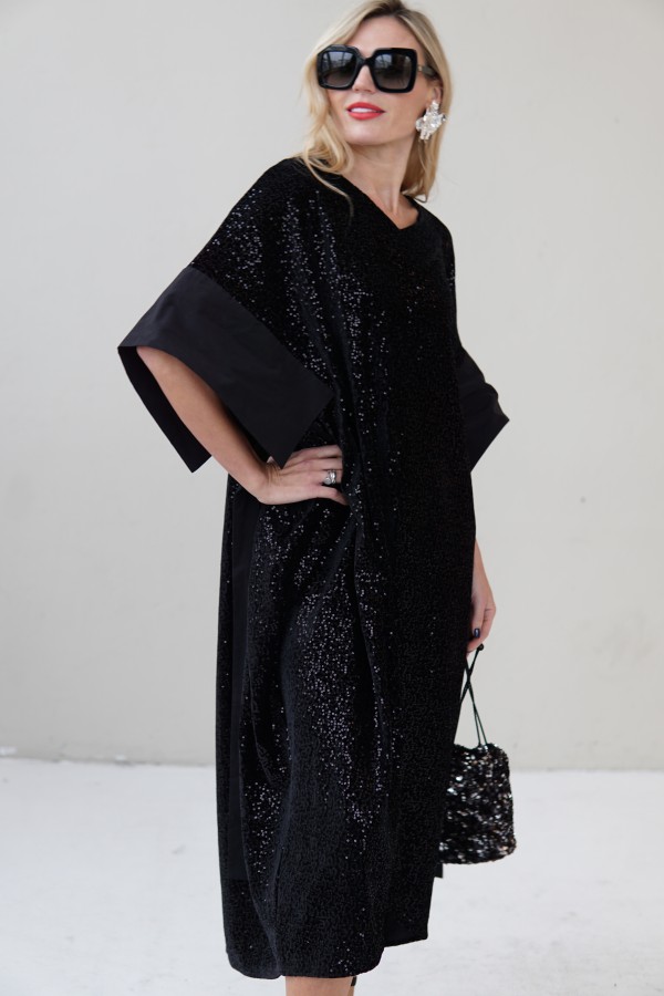 VELVET EVENING DRESS WITH TAFFETA DECOR 