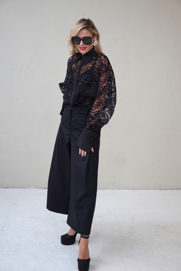 black evening lace blouse with a wide silhouette and taffeta collar and cuffs