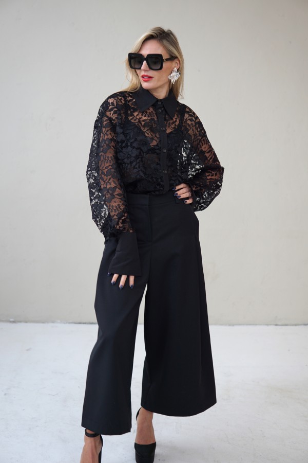 black evening lace blouse with a wide silhouette and taffeta collar and cuffs