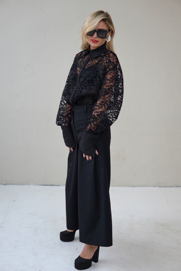 black evening lace blouse with a wide silhouette and taffeta collar and cuffs