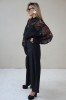 black evening lace blouse with a wide silhouette and taffeta collar and cuffs