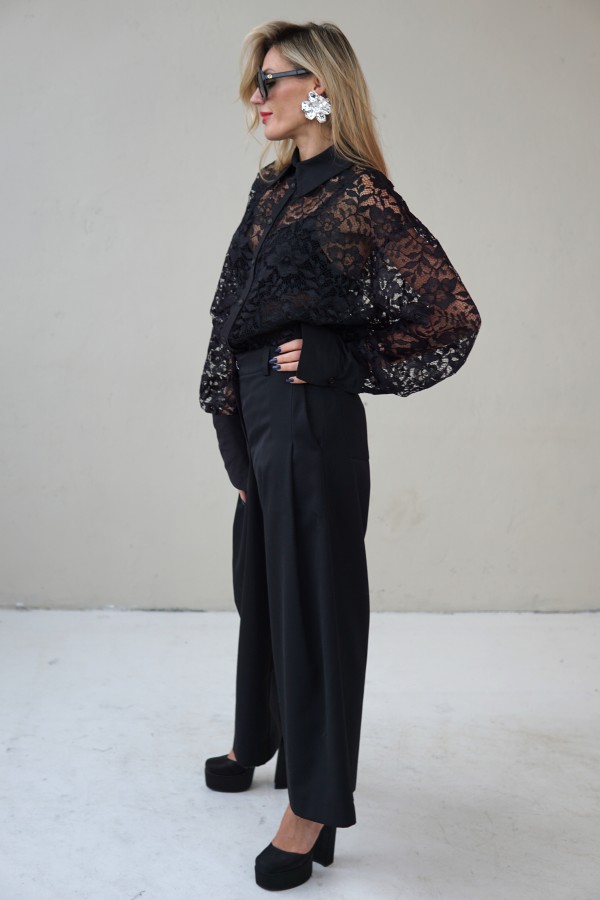 black evening lace blouse with a wide silhouette and taffeta collar and cuffs