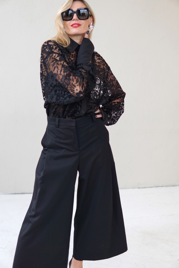 black evening lace blouse with a wide silhouette and taffeta collar and cuffs
