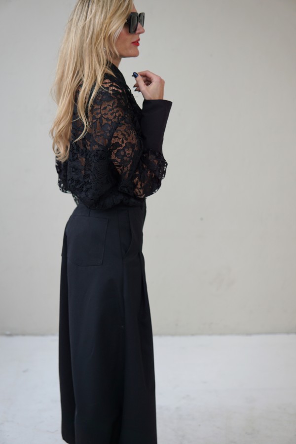 black evening lace blouse with a wide silhouette and taffeta collar and cuffs
