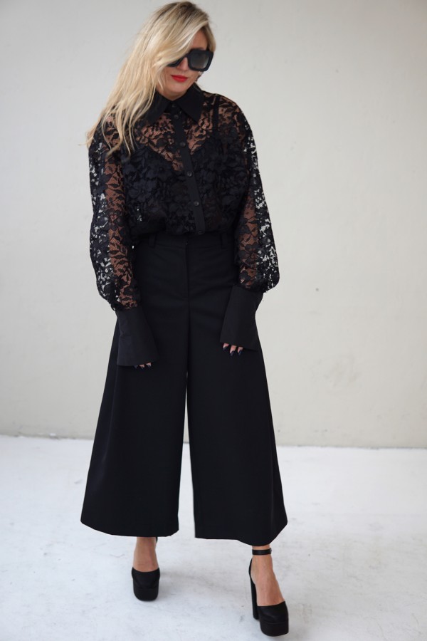 black evening lace blouse with a wide silhouette and taffeta collar and cuffs