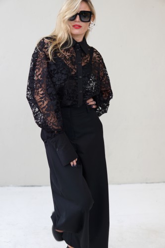 black evening lace blouse with a wide silhouette and taffeta collar and cuffs