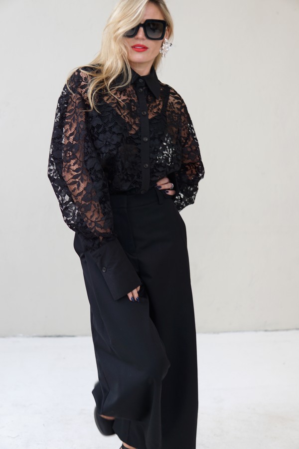 black evening lace blouse with a wide silhouette and taffeta collar and cuffs