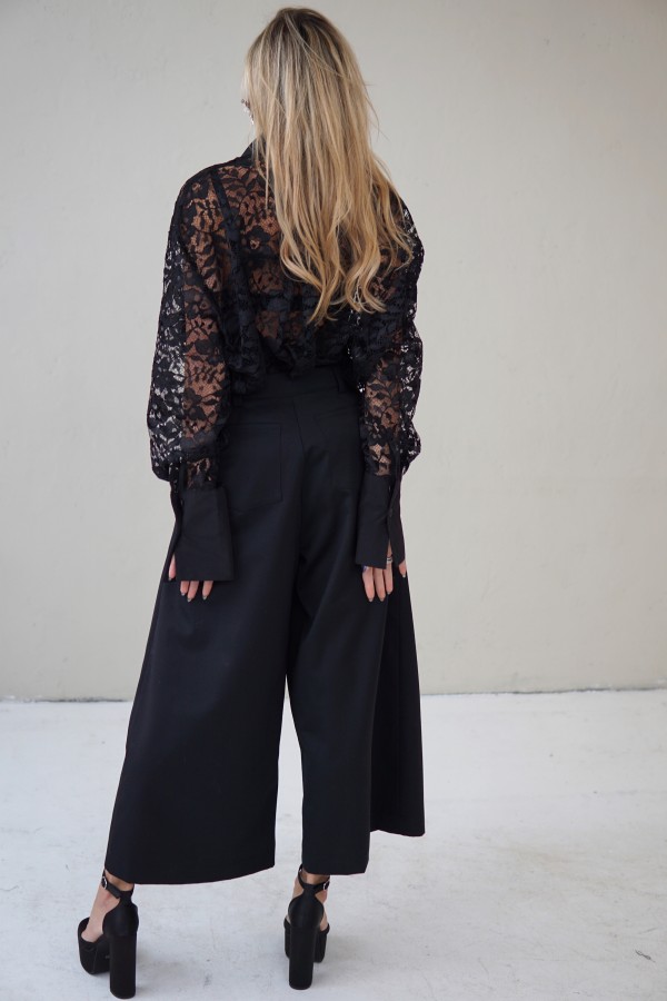 black evening lace blouse with a wide silhouette and taffeta collar and cuffs