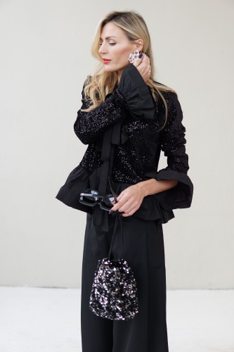 BLACK VELVET  JACKET WITH TAFFETA BOWS AND RUFFLES 