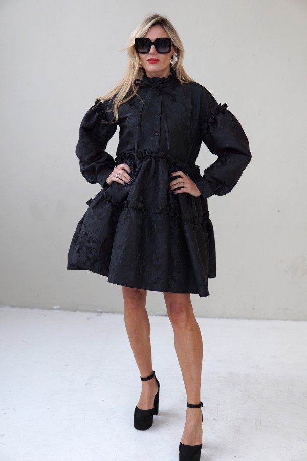 Black Jacquard Designer Dress – Luxury Puff Sleeve Knee Length Dress, Contemporary Slow Fashion Piece, Handmade in Europe
