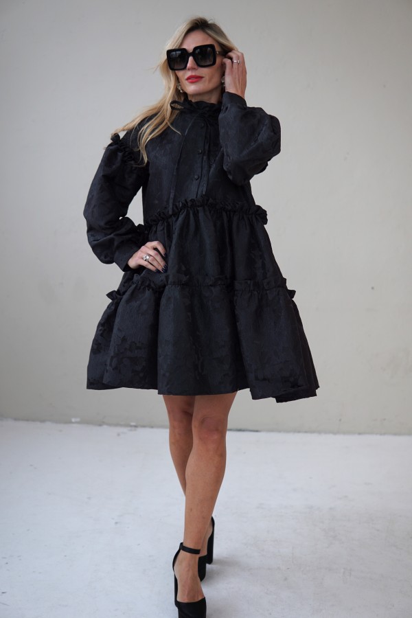 Black Jacquard Designer Dress – Luxury Puff Sleeve Knee Length Dress, Contemporary Slow Fashion Piece, Handmade in Europe
