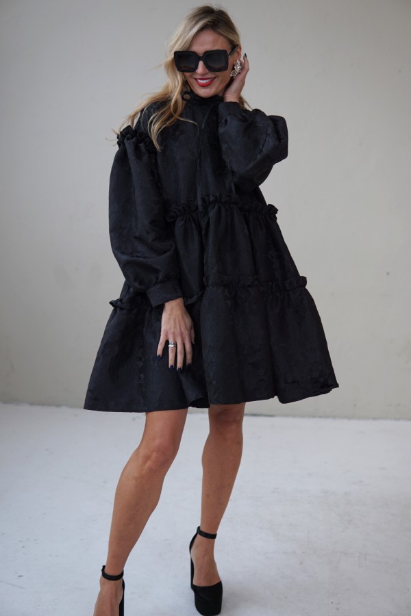 Black Jacquard Designer Dress – Luxury Puff Sleeve Knee Length Dress, Contemporary Slow Fashion Piece, Handmade in Europe