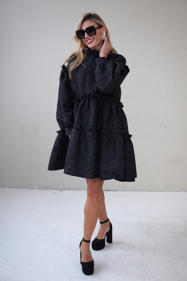 Black Jacquard Designer Dress – Luxury Puff Sleeve Knee Length Dress, Contemporary Slow Fashion Piece, Handmade in Europe