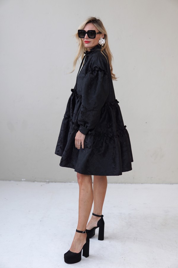 Black Jacquard Designer Dress – Luxury Puff Sleeve Knee Length Dress, Contemporary Slow Fashion Piece, Handmade in Europe