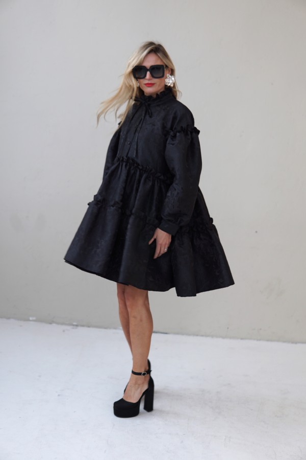 Black Jacquard Designer Dress – Luxury Puff Sleeve Knee Length Dress, Contemporary Slow Fashion Piece, Handmade in Europe