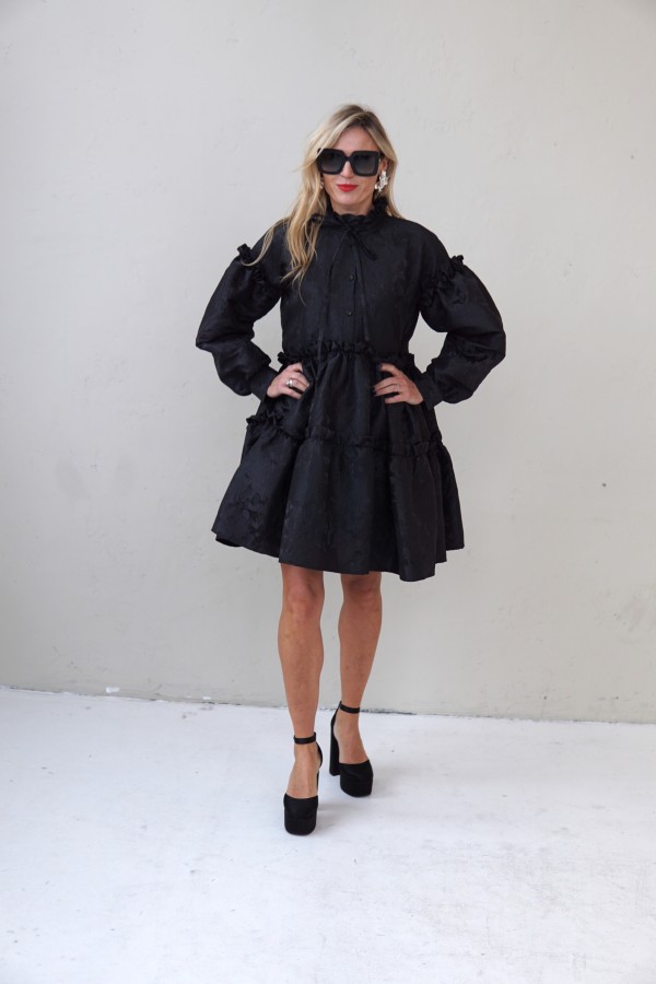 Black Jacquard Designer Dress – Luxury Puff Sleeve Knee Length Dress, Contemporary Slow Fashion Piece, Handmade in Europe