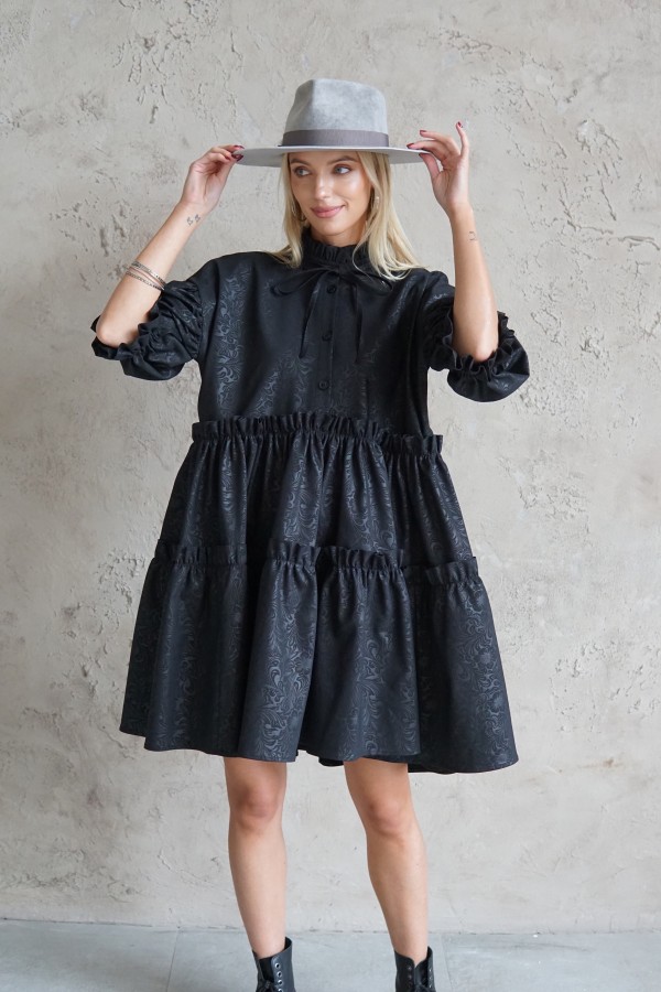 black jacquard dress with puff sleeves