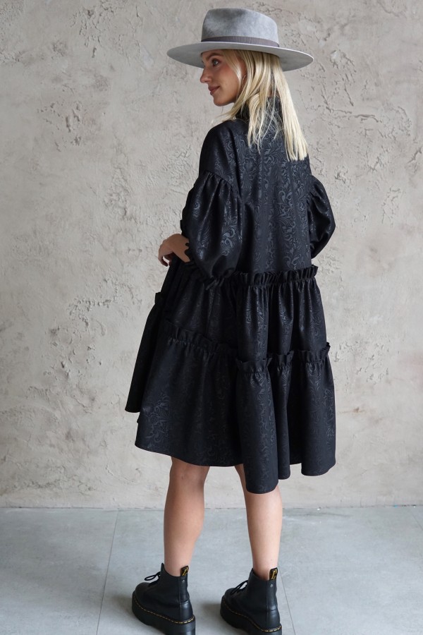 black jacquard dress with puff sleeves