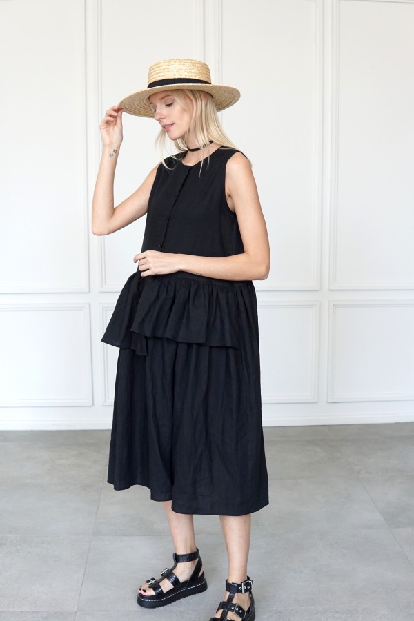 Black oversized linen dress with buttons 