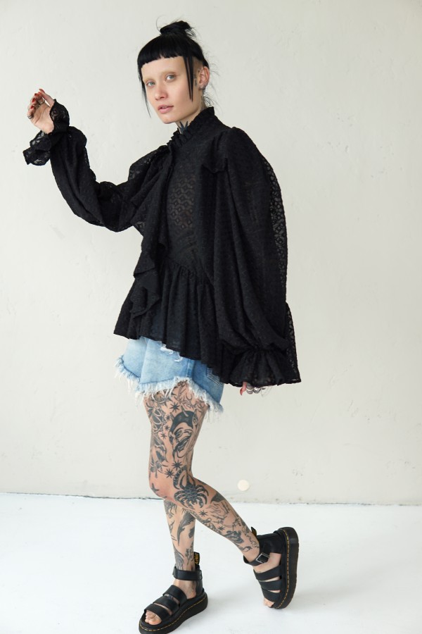 BLACK STYLISH BLOUSE WITH WIDE SLEEVES