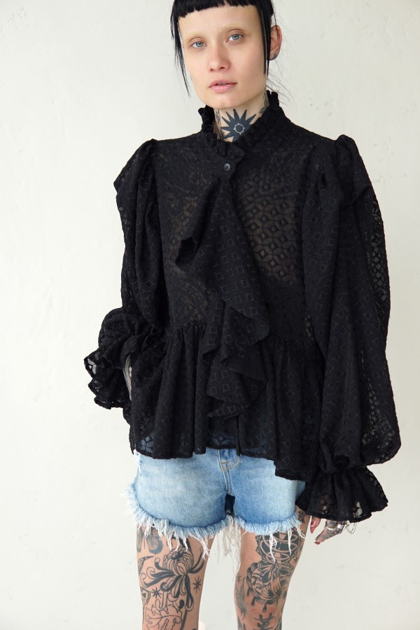 BLACK STYLISH BLOUSE WITH WIDE SLEEVES
