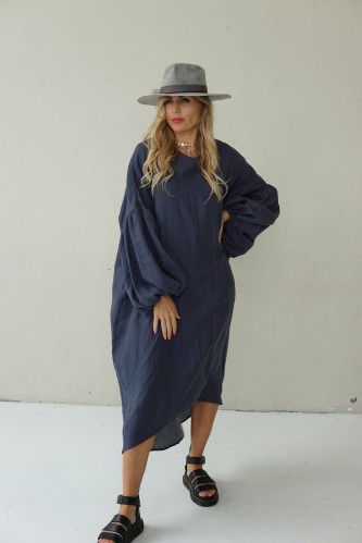 LOOSE SILHOUETTE GREY LINEN DRESS